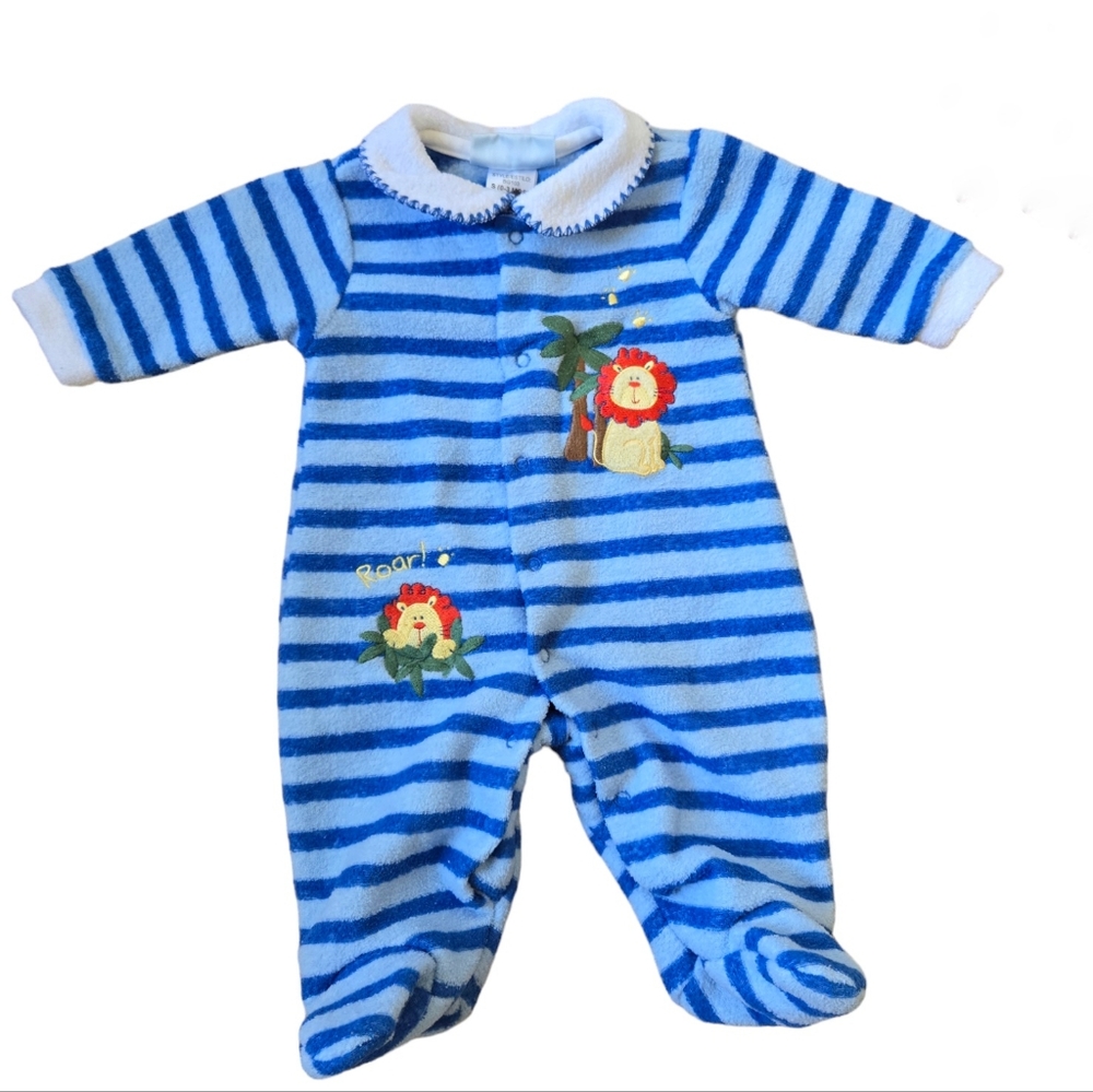Vintage Y2K Babygro blue striped lion safari footie pajamas sleep n play